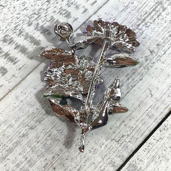 Purple Flower Brooch Pin With Green Leaves Metal Enamel Floral Design Costume Je - Picture 7 of 9